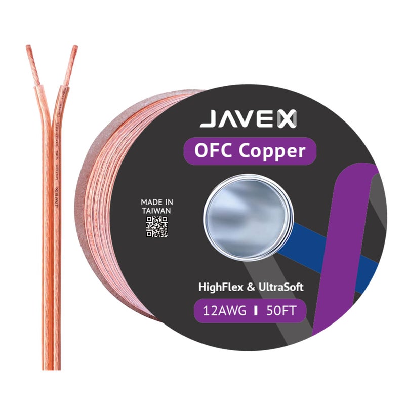 JAVEX 12-Gauge AWG Audio Speaker Wire Cable (50 FT), [Oxygen-Free Copper] Thin Flat Cable for Automotive Car Stereo Audio, HI-FI Stereo, Home Theater, Subwoofer, Soundbar, Blue/Black - Image 1